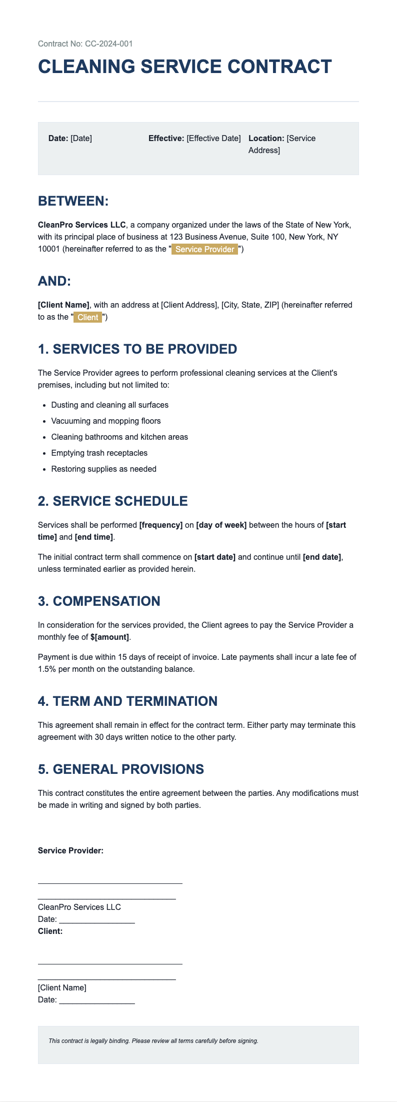 Executive format cleaning contract